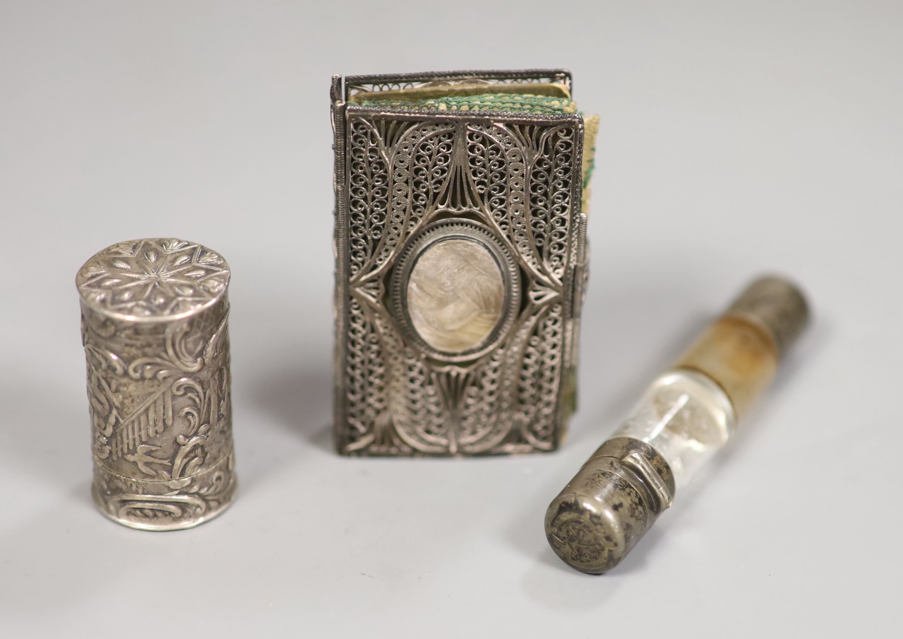 silver filligree needle case, etc